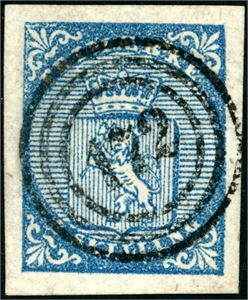 1. 4 skilling Våpen 1855, annullert med nummerstempel "175" (Laurvig). Gode merker.