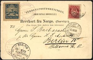 Spitsbergen E 2,5,6,7,12. Fem postkort, alle påsatt et posthornmerke og en Spitsbergen-etikett, og sendt til utlandet i perioden 1898-1909.