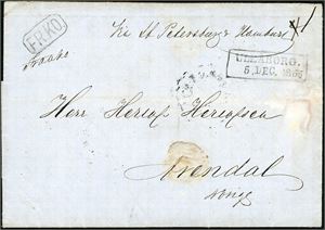 Komplett brev, stemplet "Uleåborg 5. Des. 1865" i Finland og sendt via St. Petersburg og Hamburg til Arendal. Transittstemplet "Haparanda 8.12.1865" på baksiden. Brevet med noen flekker etter fuktskade.