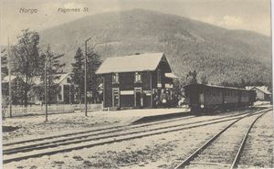Jernbane Fagernes St. (Küenholdt No. 1570) med tog.  UB