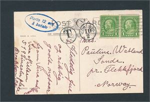 USA-JULEKORT Pent kort 1930 til Flekkefjord, underfrankert og påsatt ovalt gummistempel "Porto 12 øre å betale"