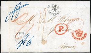 A complete letter, dated "Southhampton 9de October 1858 and sent as a registred letter via "London 11 Oc 58", "KDOPA Hamburg 15.10" to Grimstad, Norway.