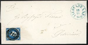 4. To brev, begge frankert med 4 skilling Oscar. Det ene stemplet "Tvedestrand 10.12.1861" og sendt rekommandert, det andre er annullert med nummerstempel "315" og ved siden "Tvedestrand 18.11.1858".