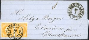 2. 2 skilling Oscar i et meget fargefriskt par på komplett brev, stemplet "Frederiksstad 18.5.1863" og sendt til Elverum pr Christiania.