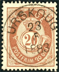 39. 20 øre brun, fullstemplet "Urskoug 23.5.1883".