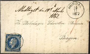 4. 4 skilling Oscar på komplett brev, pent stemplet "Hurdal 14.11.1862" (AK, 5 pkt). Transittstemplet "Christiania" på baksiden.