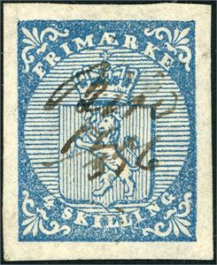 1. 4 skilling våpen 1855, anert med håndskrevet stedsnavn "Biri 11/3 56" (OP). Gode marger i alle sider.