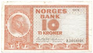 10 kroner 1972 Z.5014020 5-million erstatningsseddel. Kv.1/1-