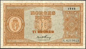 10 kroner 1948, serie G.6219623. Litt kraftig midtbrett. 1+/01
