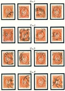 51 IIa,51 IIc. 3 øre 20 mm. 16 merker av hver montert etter typer og vannmerkestillinger. Noen med anmerkninger.