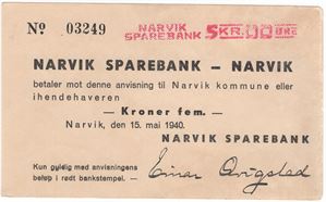5 kroner 15 mai 1940. Nødseddel Narvik Sparebank. Kv.01