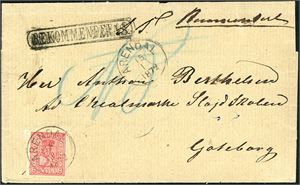 15. 8 skillings porto til Sverige. 8 skill 8 på rekommandert brevomslag til Gøteborg, stemplet "Arendal 15.1.1872". Svensk jernbanestempel på baksiden.