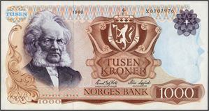 1000 kroner 1980, serie X 0707976. Erstatningsseddel. 0/01