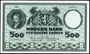 500 kroner 1968, serie A.3046791. 1+/01