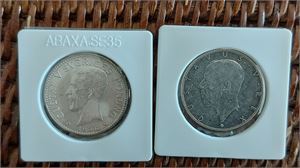 SVERIGE 1938 GUSTAF V 2kr  och 2 kr Jubileum, två st silvermynt, hanteringsspår. (Kv 01/0)