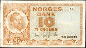 10 kroner 1961, serie Z.0480090. Erstatningsseddel. 1