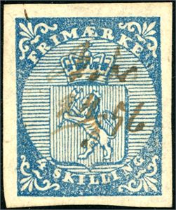 1. 4 skilling Våpen 1855, annullert med håndskrevet "Biri 24/5 56". Gode marger.