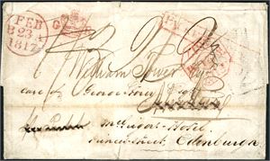 Complete letter, from St. Croix to Aberdeen, Scotland 13th of December 1816. In Aberdeen is the letter readressed to Edinbourgh. On the front "Packet Letter" cds in frame (London), a red "Feb B 23 A 1817" and "Crown with G R" (Scotish) and a octogonal "Feb W M 21 1817" (Edinburgh). The British PO on St. Thomas was not operating between late 1815 to May 1817.