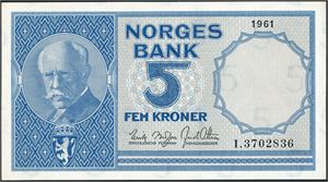 5 kroner 1961, serie I.3702836. 0
