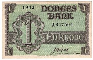 1 krone 1942 A.647504. London Utg. Kv.1+