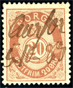 39. 20 øre brun 1883, annullert med håndskrevet "Aarfor 5/10 83" (NT).