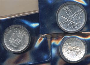 Sølv 100 kr 1982 Olav, 25 kr 1970 Frigjøringen og 10 kr 1964 Eidsvoll. Totalt ca. 66 gram rent sølv. Kv. 0 og 10 kr kv. 01