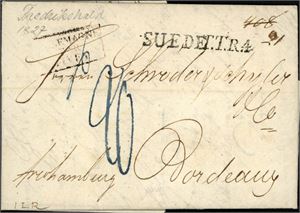 Komplett brev fra Fredrikshald til Bordeaux februar 1827, stemplet "Suede", "T.T.R.4" samt firkantet stempel "Allemagne Par Givet" i svart. På baksiden "K.S.&N.P.C. Hamburg 3 MÄR 27.". Satt i porto med 20 decimes.