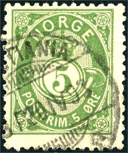 52 IV B. 5 øre 20 mm tagget 13 1/2 * 12 1/2, stemplet "Kristiania 20.4.93".