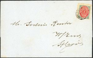 6 a. DWI. 3 cent bicolour stamps (1. print, 1873) on letter from St. Thomas, cancelled with a stump postmark, and sent to St. Croix. Only a few similar letter used before 1878 are known. Cert. L. Nielsen.