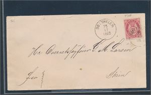 TELEMARK Brev med rød 10øre stemplet "BØ I THELEM. 25-12-1885" til Skien. Faktisk stemplet 1. juledag! Brevet noe stygt åpnet