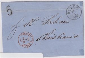 Portotall Portotall "5" på brev st. Skien 25-4-1866 på brev til Christiania