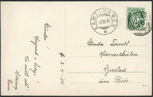 99. 5 øre Posthorn på postkort, anert med 4-rings "70" (Øl, Aamli, AA), og ved siden stemplet "Aamlibanen 3.4.14". Kortet med motiv fra Aamli Stasjon.