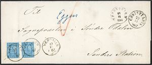 8 I. 8 skillings innenlandsporto. 4 skill i horisontalt par på dobbeltvektig brevomslag, stemplet "Værdalen 17.11.1 67". Ved siden transittstemplet "Throndhjem 18.11.1867" samt "Christiania 22.11.1867". Håndskrvete "Eggen" i blått midt på omslaget (Et lite sted i Værdalen).