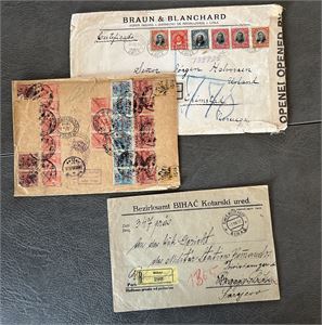 BREV 1. VERDENSKRIG 2 slitne brev fra Peru/Chile til Danmark og Grimstad + brev Bihac til Sarajevo