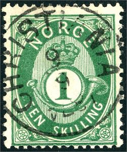 16 Ib. 1 skilling Posthorn, pent fullstemplet "Christiania 9.9.1874", der årstallet "1874" står på hodet i stempelet.