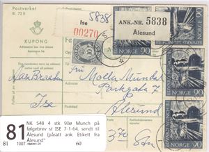 NK 548 4 stk 90ø Munch på følgebrev st ISE 7-1-64, sendt til Ålesund (påsatt ank. Etikett fra Ålesund"