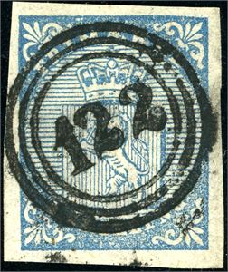 1. 4 skilling Våpen 1855, annullert med nummerstempel "122" (Hole, BU, 7 pkt). To normale- og to litt smalere marger.