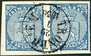 1. 4 skilling våpen 1855 i horisontalt par, stemplet "Trondhjem 29.7.1856" Tre gode marger, litt smal i høyre side.