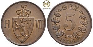 5 øre 1907 Haakon VII. Kv.0