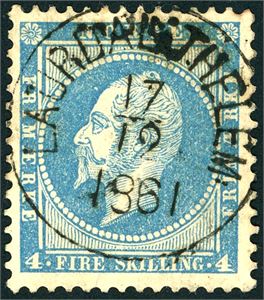 4. 4 skilling Oscar, fullstemplet "Laurdal i Thelem: 17.12.1861" (TE, 6 pkt).