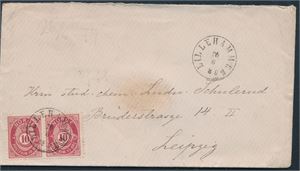 NK 25x2 på pent brev st "Lillehammer 26-6-1879" til Leipzig (Tyskland).
