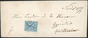 14. 4 skill 4 på liten konvolutt, aneert med blekkryss, og ved siden håndskrevet "Tind 17/1" og sendt til Gjerestad. Baksiden med transittstempel fra både "Skien" og "Riisøer 22.1.1868".