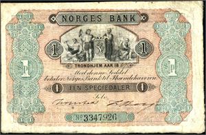 Een Speciedaler 1869, no 3347926. En meget pen seddel. Et par nålehull i øvre kant. 2