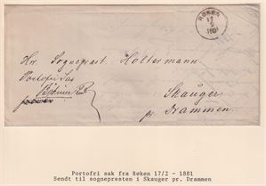 Portofritt, Portofri sak st. I-rings Røken 17/2-1881, sendt til Drammen