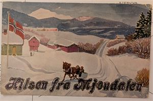 HILSEN FRA MJØNDALEN, brukt, utgiver Oppi, noen små knekker i kortet.