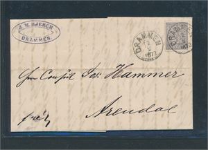 Nk 13b på pent brev stemplet "DRAMMEN 2-2-1872" til Arendal