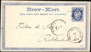 5 øres Brev-Kort, annullert med håndskrevet "Darbo 15/1.78." og ved siden stemplet både "Christiania" og "Krania-RandsfjordIII 15.1.1878".