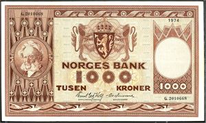 1000 kroner 1974, serie G.2010668. Erstatningsseddel. 1