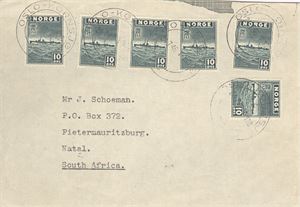 Jernbane Oslo-Kornsjø 24-7-46 T138 på brev med 6 stk 10ø London, sendt til Sout Africa