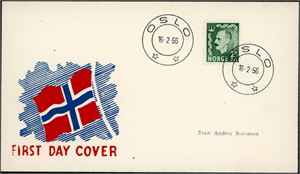 431. 25 øre Haakon, på konvolutt, stemplet "Oslo 16.2.56". (2.300,-).
